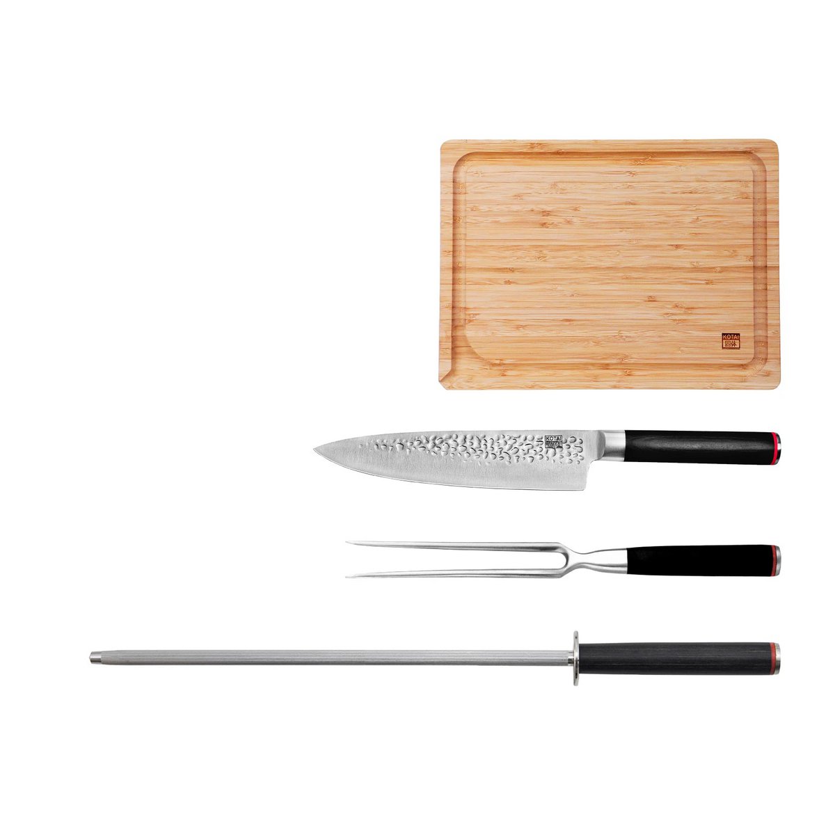 Kotai BBQ Set Deluxe – Koksmes, Vleesvork, Aanzetstaal & Snijplank - Geleverd in een Luxe bamboe geschenkverpakking