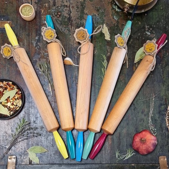 Houten deegroller met gele handvaten - 50 x 4,5 cm