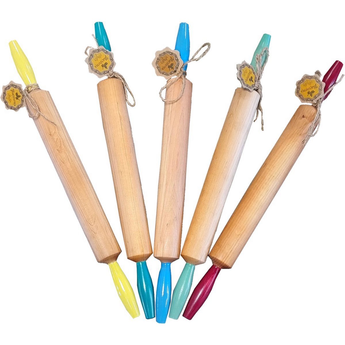 Houten deegroller met gele handvaten - 50 x 4,5 cm