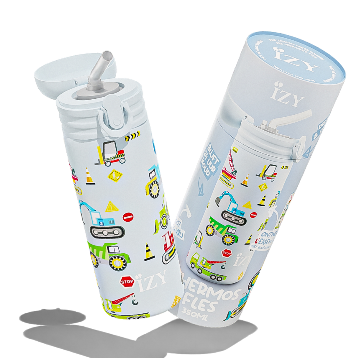 IZY Kids Thermofles - Blauwe Machines| 350ML Kinderdrinkfles - Ontwerp je Eigen Fles