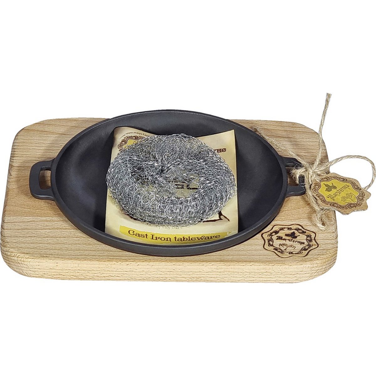 Maysternya Gietijzeren Serveerpan op houten plank - Ø 18 x 2.5 cm